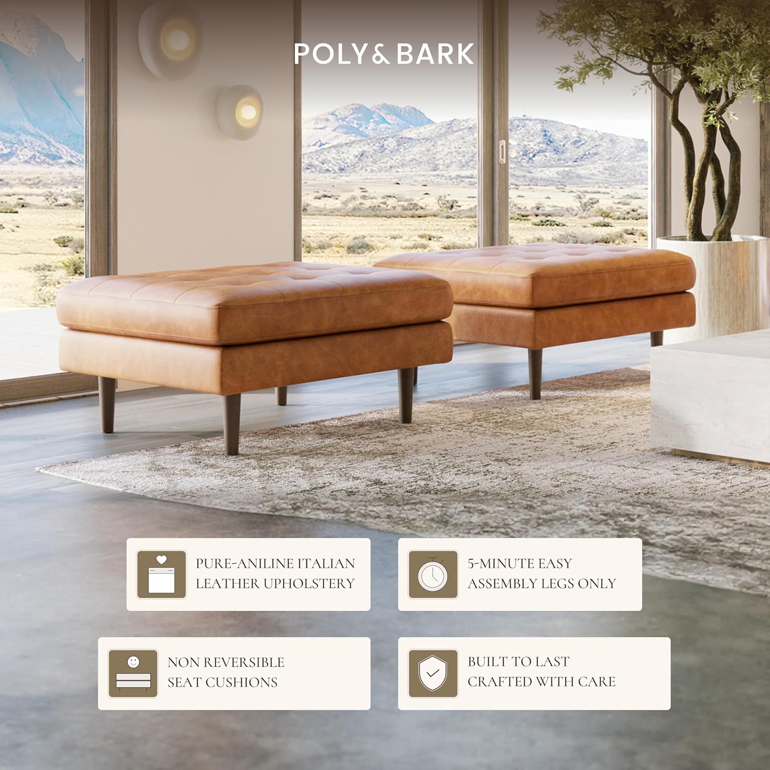 Poly & BARK 55" Tufted Leather Bed Bench for Bedroom End of Bed - Living Room Entry Way Bench - Pure Italian Leather Upholstery with a Solid Wood Frame - Ottoman Bench with Wooden Legs - Cognac Tan
