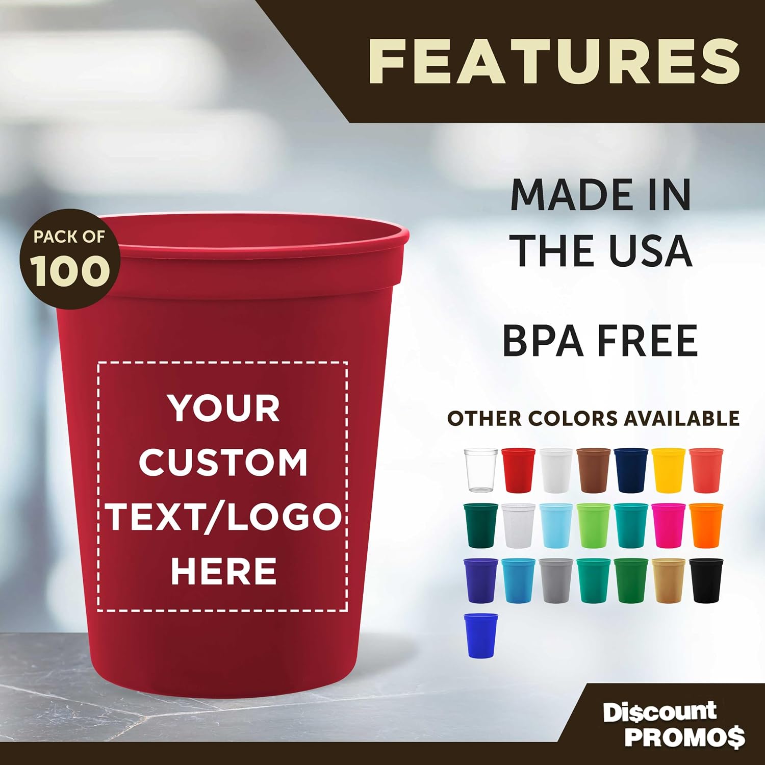 DISCOUNT PROMOS Custom Plastic Stadium Cups 16 oz. Set of 10/50/100, Personalized Bulk Pack - Perfect for Birthdays, Weddings, Picnic, Beach