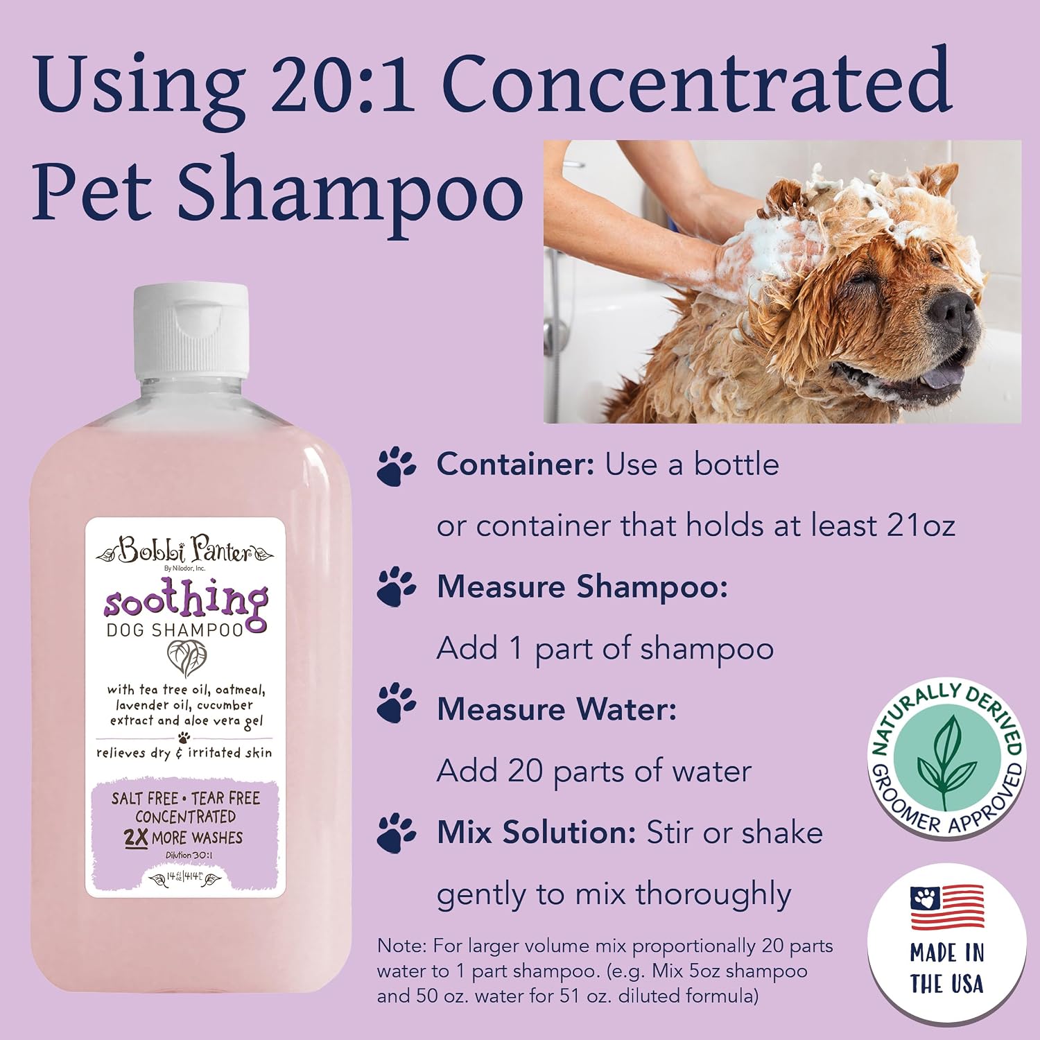 Bobbi Panter Soothing Dog Shampoo Tea Tree, Lavender, Cucumber & Oat Protein – Natural Formula for Sensitive Skin & Irritation Relief, Tear-Free, 30:1 Concentrate, Made in USA, 14 oz