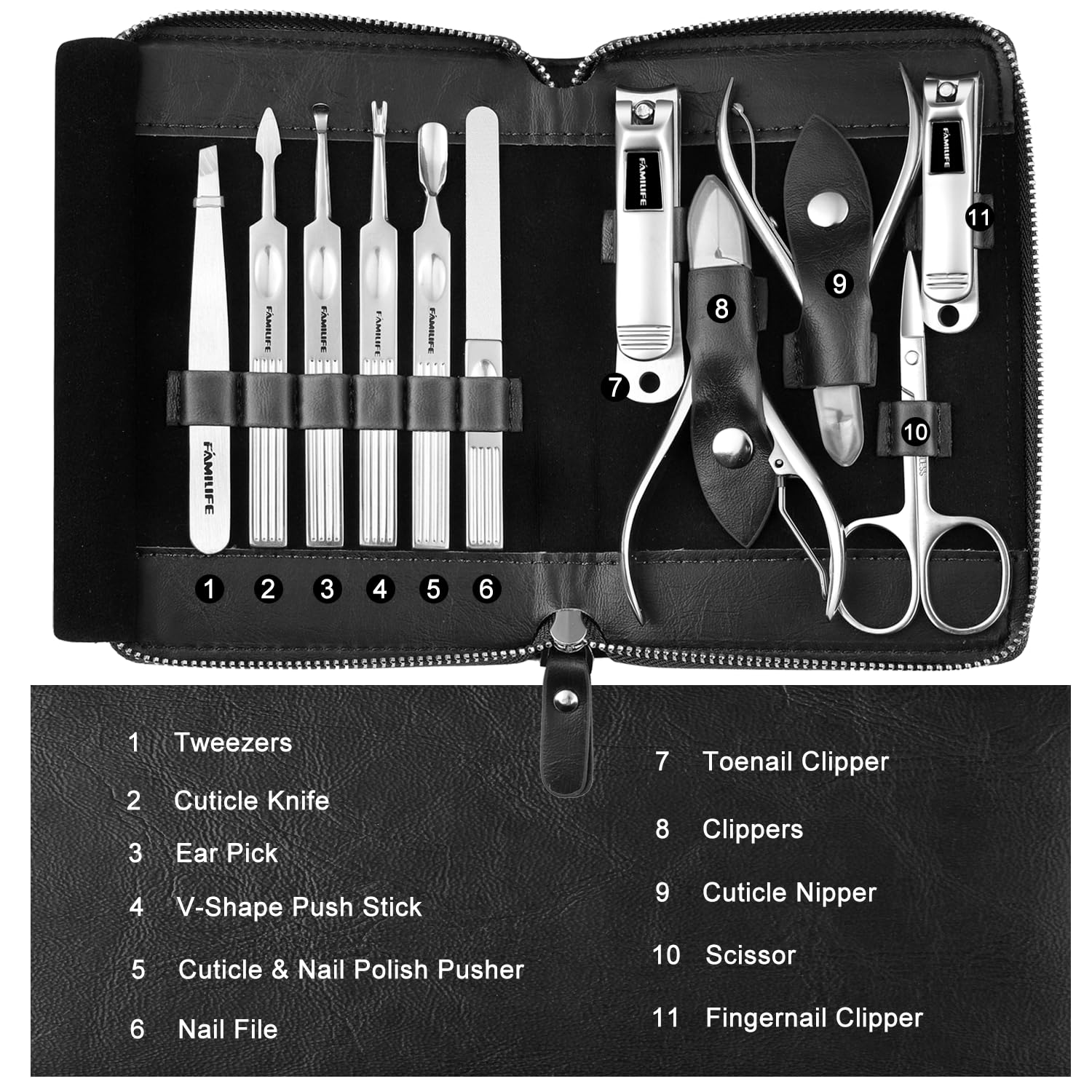 FAMILIFE Stainless Steel Manicure Set 11-in-1 Professional Nail Clipper Kit