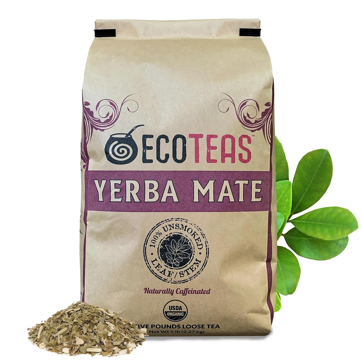 ECOTEAS Organic Yerba Mate Loose Tea Traditional Cut 5 lb Bulk Value Bag | 5 lb bulk traditional cut with stems and powder