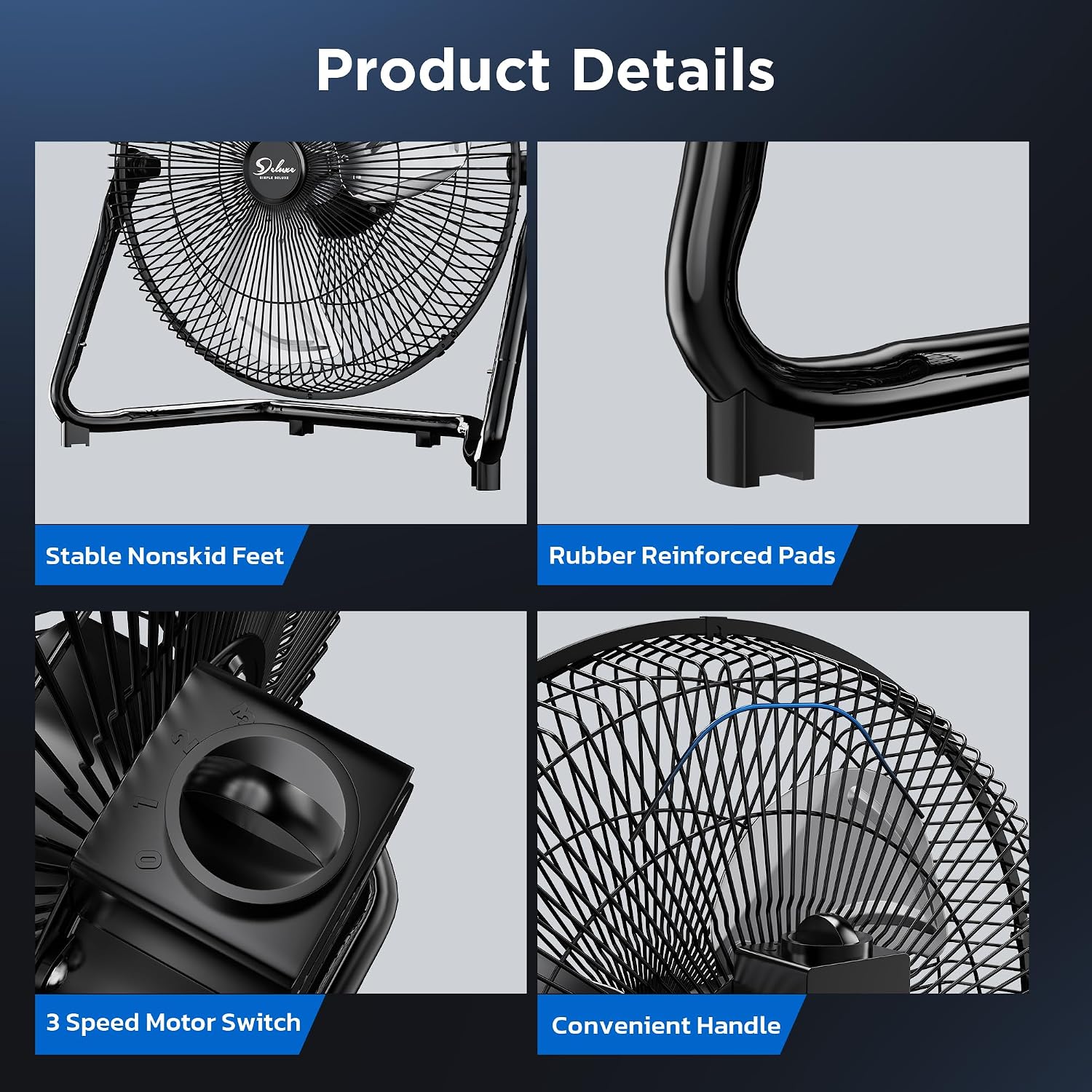 Simple Deluxe 20 Inch 3-Speed High Velocity Heavy Duty Metal Industrial Floor Fan for Warehouse, Workshop, Factory and Basement, Black, 1 Pack