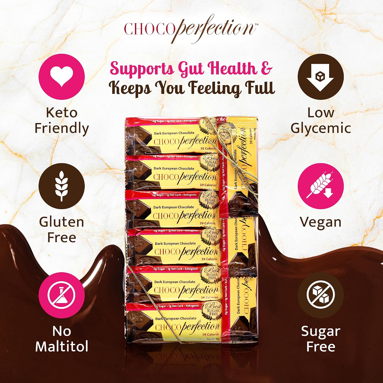 ChocoPerfection Sugar Free Dark Chocolate Bars - Gluten Free - 30 Pack 10G