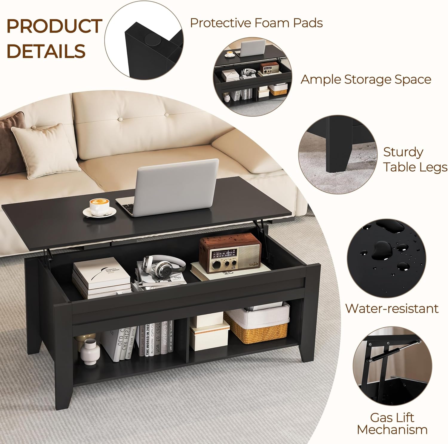 Yaheetech Lift Top Coffee Table with Hidden Storage Compartment Gray 47.5in