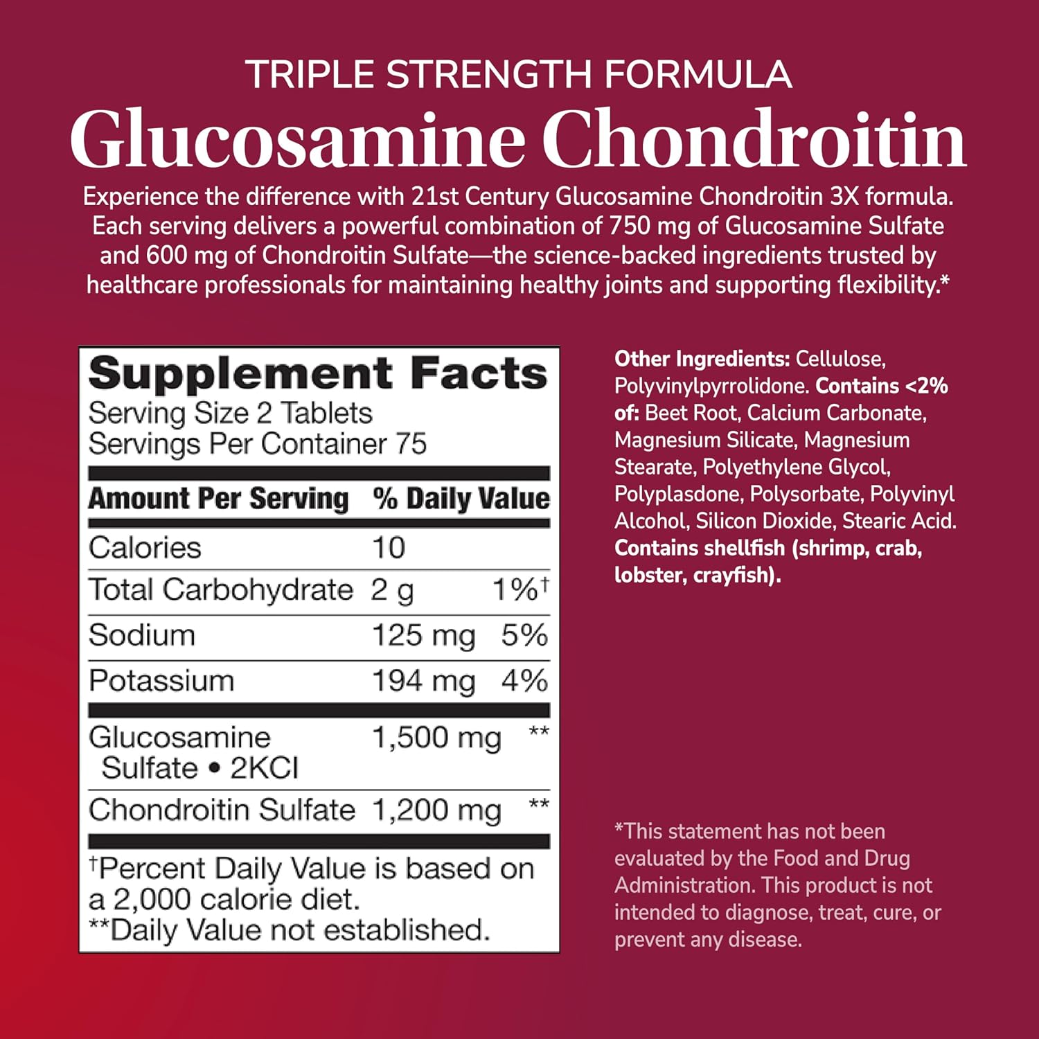 21st Century Glucosamine Chondroitin Triple Strength 750mg/600mg, 150ct | Triple-Strength Glucosamine 750 mg & Chondroitin 600 mg, Joint Health