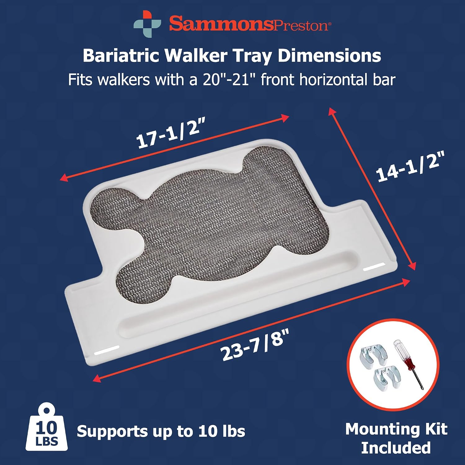 Sammons Preston Standard Walker Tray, Clip-On Surface with Cup Holders, Lightweight Raised-Edge Design for Bariatric Walkers, Stable Dining and Utility Support for Seniors and Mobility Aid Users