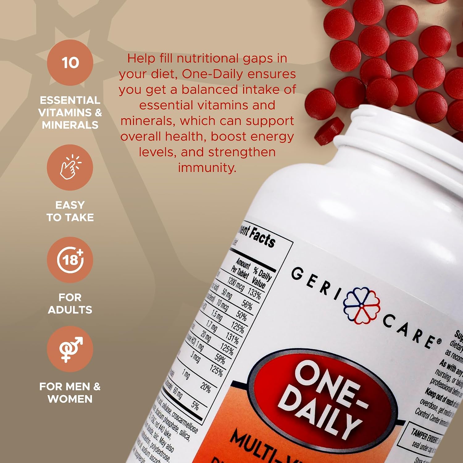 GeriCare One-Daily Multi-Vitamin Tablet, 100 Count Adult Multivitamin Supplement | Easy-to-Take Dietary Supplement with Vitamins A, C, D3, B, Calcium| Vitamin & Mineral Complex (2 Pack)