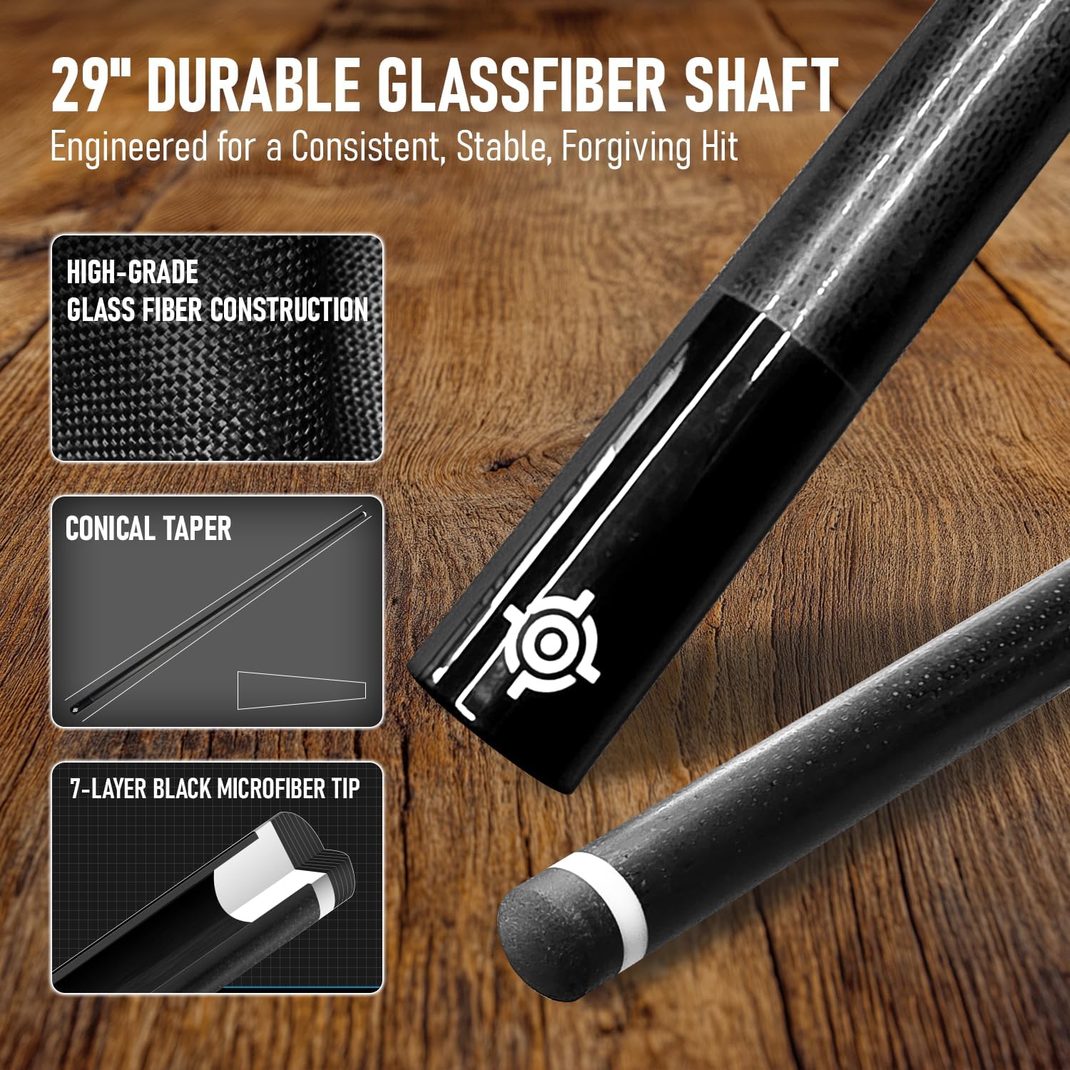 CUEBOTS Glass Fiber Cue, Glass Fiber House Cue Stick, Club Cue, Cue for Beginners, Durable Uni-QR, 3/8-10, 5/16-18 Joint, Long Lasting Glassfiber Shaft, 7-Layer Microfiber Tip