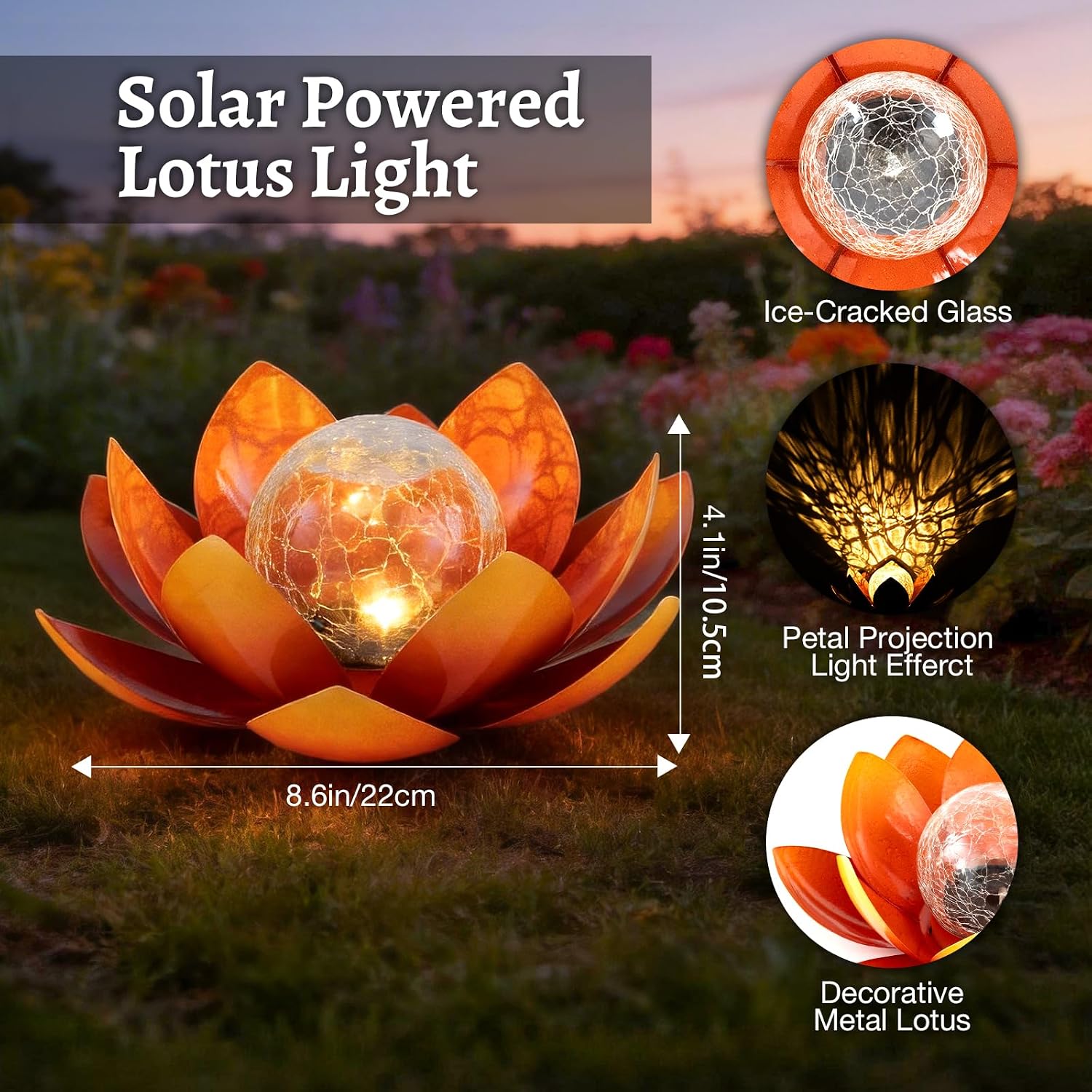 Huaxu Solar Lights Outdoor Garden, Crackle Globe Glass Lotus Decor, Waterproof LED Metal Flower Decorations for Patio,Lawn,Walkway,Tabletop,Ground
