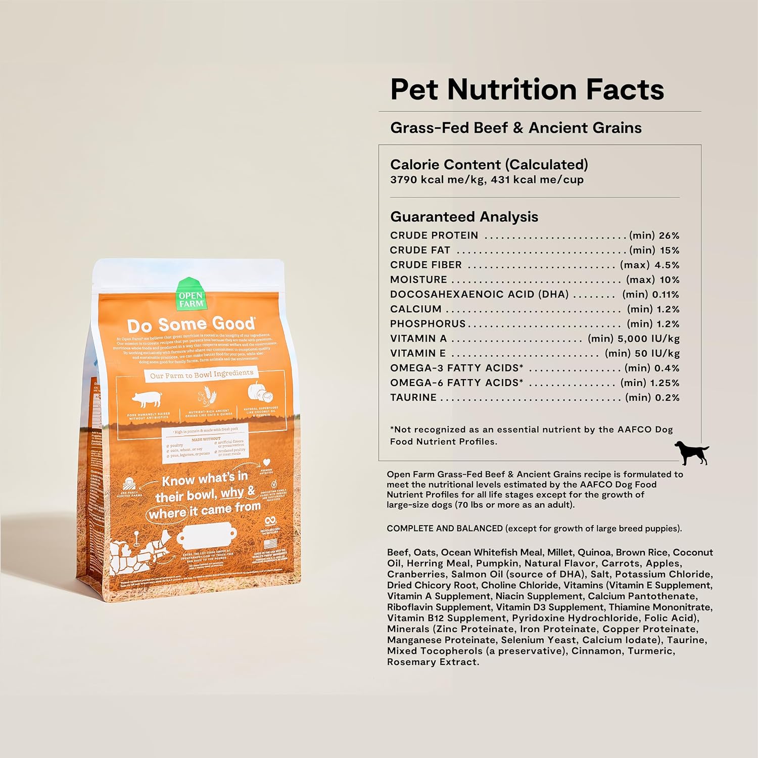 Open Farm Ancient Grains Dry Dog Food, Grass-Fed Beef Kibble, 11lb Bag