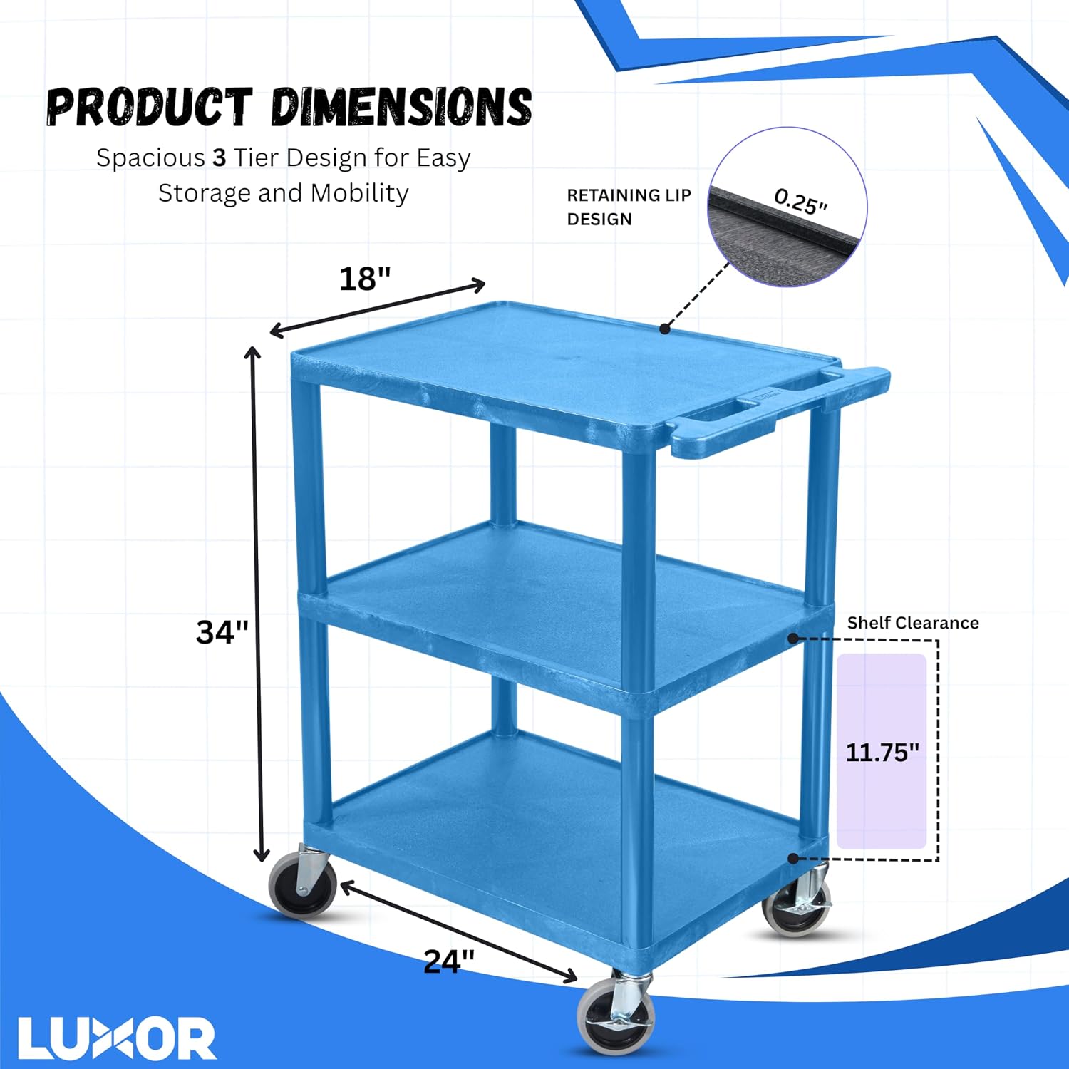 Luxor Multipurpose Storage Utility Cart 3 Shelves Structural Foam Plastic - Red