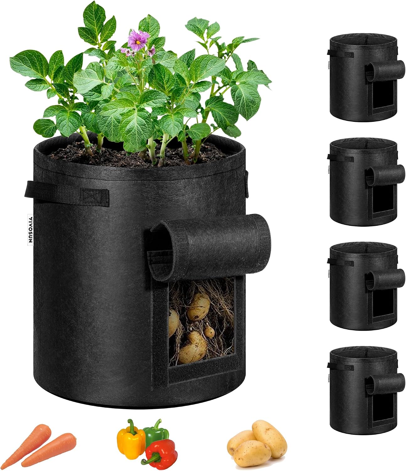 VIVOSUN 5-Pack 7 Gallon Potato Grow Bags, Roll-up Harvest Window