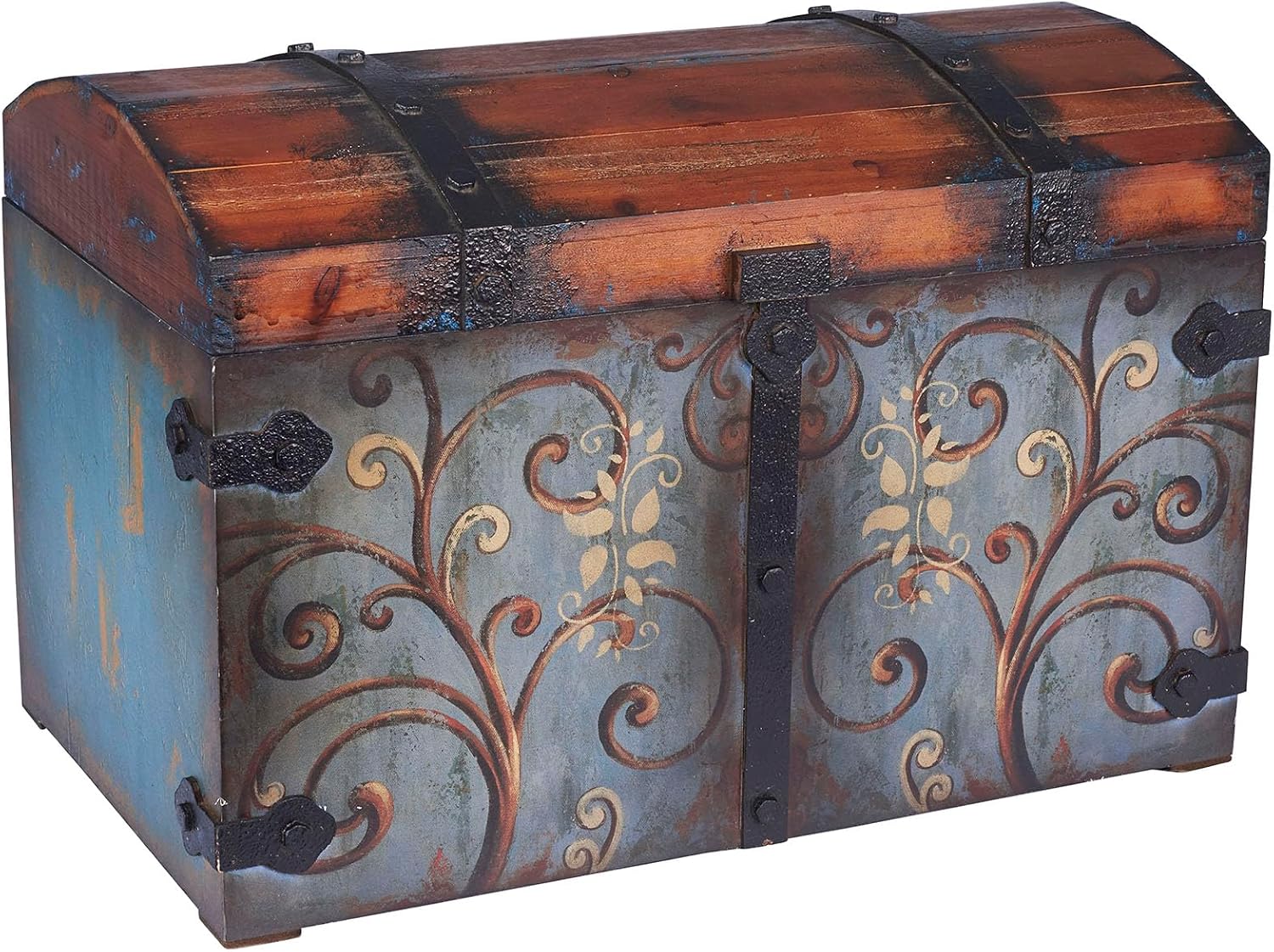 Household Essentials Vintage Wood Storage Trunk, Large, Blue Body/Brown Lid/Floral Design