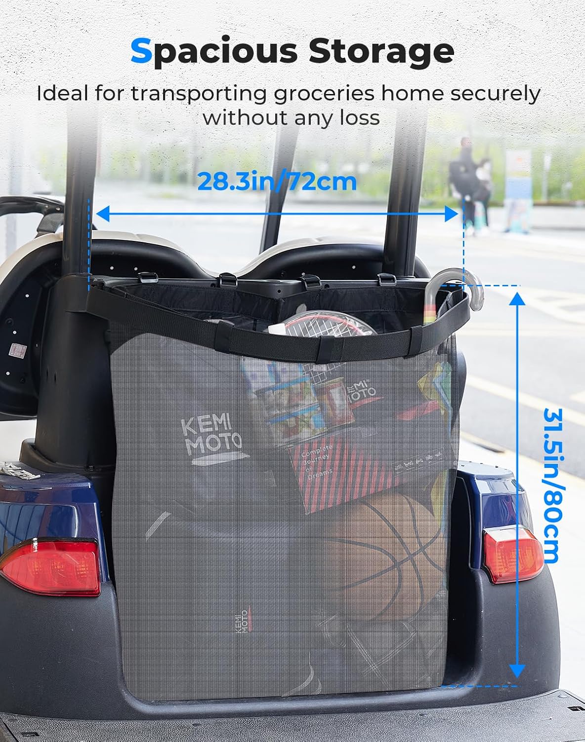 KEMIMOTO Mesh Shopping Storage Bag for 2-Passenger Golf Carts | Full Grocery Capacity, Shoulder Strap, Tool-Free Rear Mounting