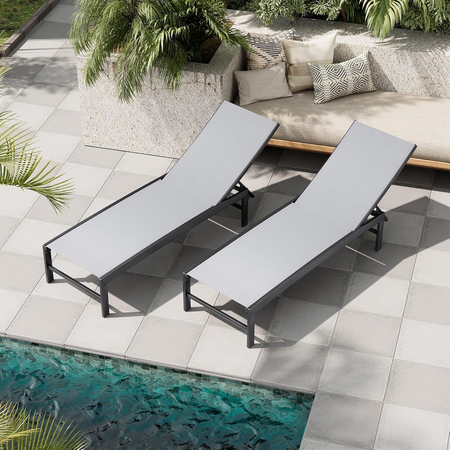 Crestlive Products Outdoor Pool Lounge Chairs Set of 2 with Side Table, Adjustable Five-Position Recliner for Beach, Pool, Sunbathing, Lawn