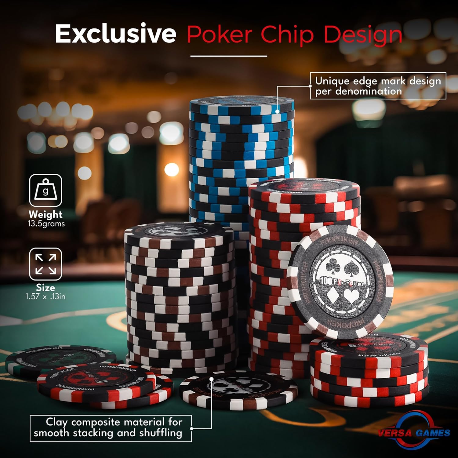 Versa Games Pro Poker Chips - Poker Set 13.5g 500 Piece Casino Clay Poker Chips with Denomination Numbers for Texas Holdem - New Upgraded Poker Chip
