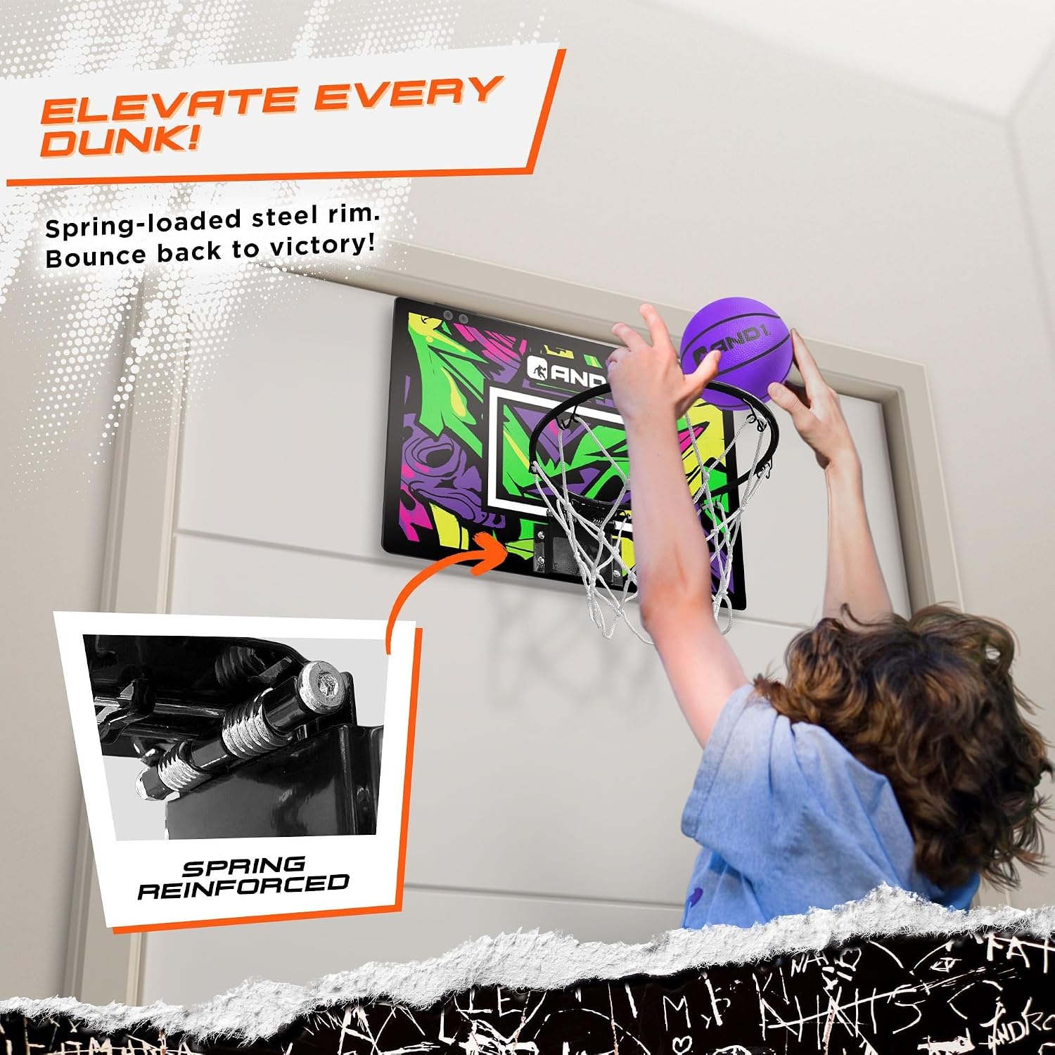 AND1 Over the Door Mini Basketball Hoop: 18x12 Shatterproof Backboard, 2 Mini Basketballs