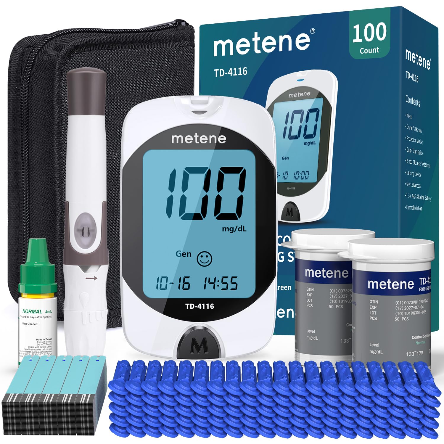 Metene TD-4116 Blood Glucose Monitor Kit, 100 Glucometer Strips, No Coding