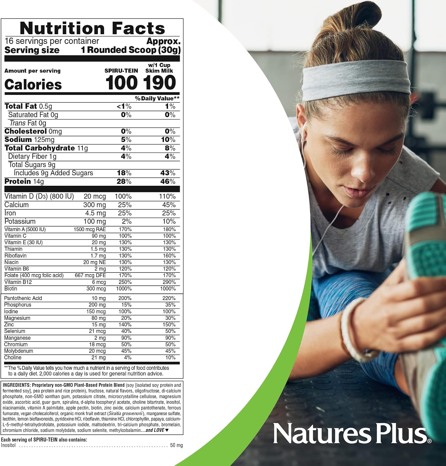 NaturesPlus SPIRU-TEIN, Vanilla - 1.06 lbs - Spirulina Protein Powder - Vitamins & Minerals for Energy - Vegetarian, Gluten Free - 16 Servings