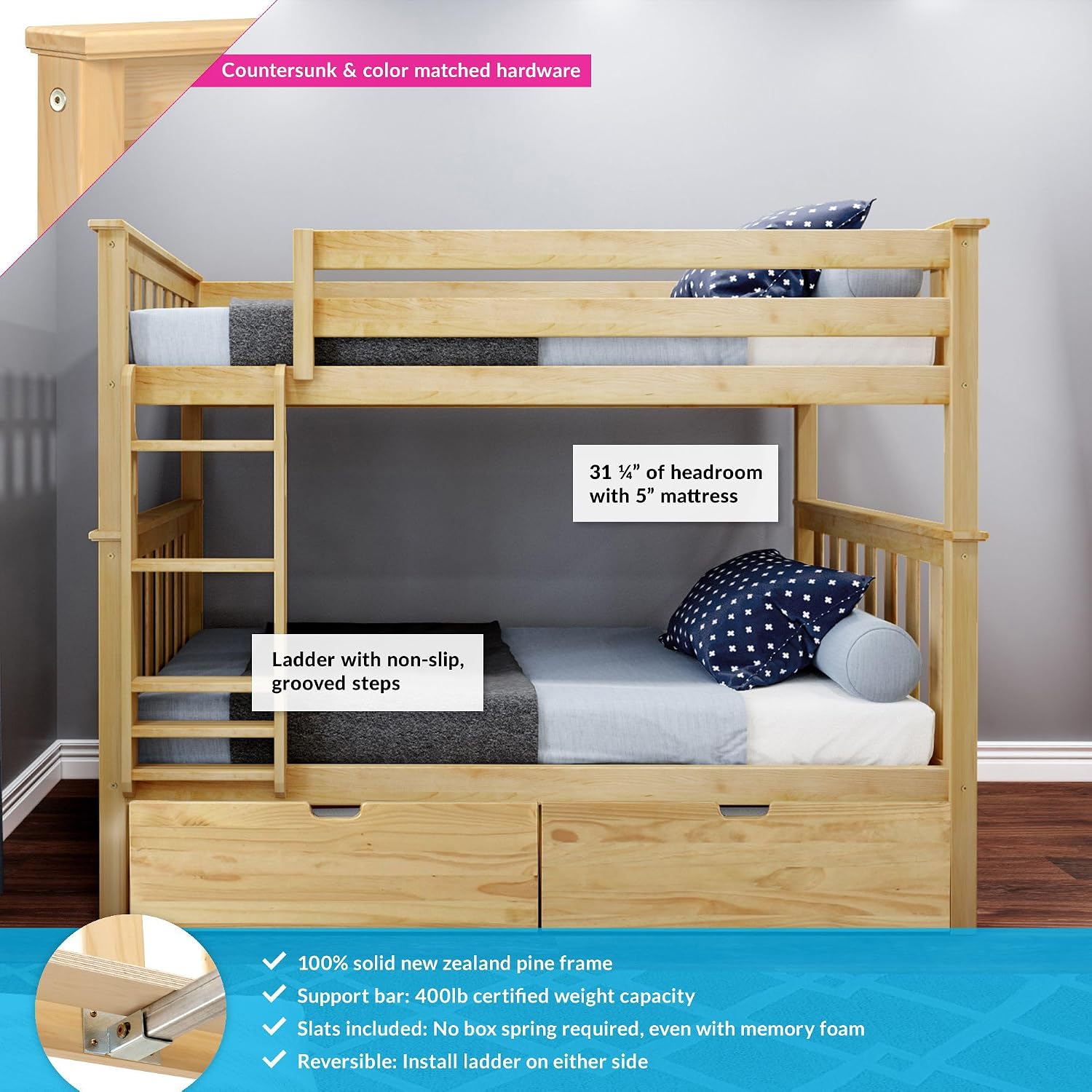Max & Lily Bunk Bed Twin over Twin, Solid Wood Bunk Bed Frame with Ladder for Kids, 14" Safety Guardrails, Easy Assembly, No Box Spring Needed, White