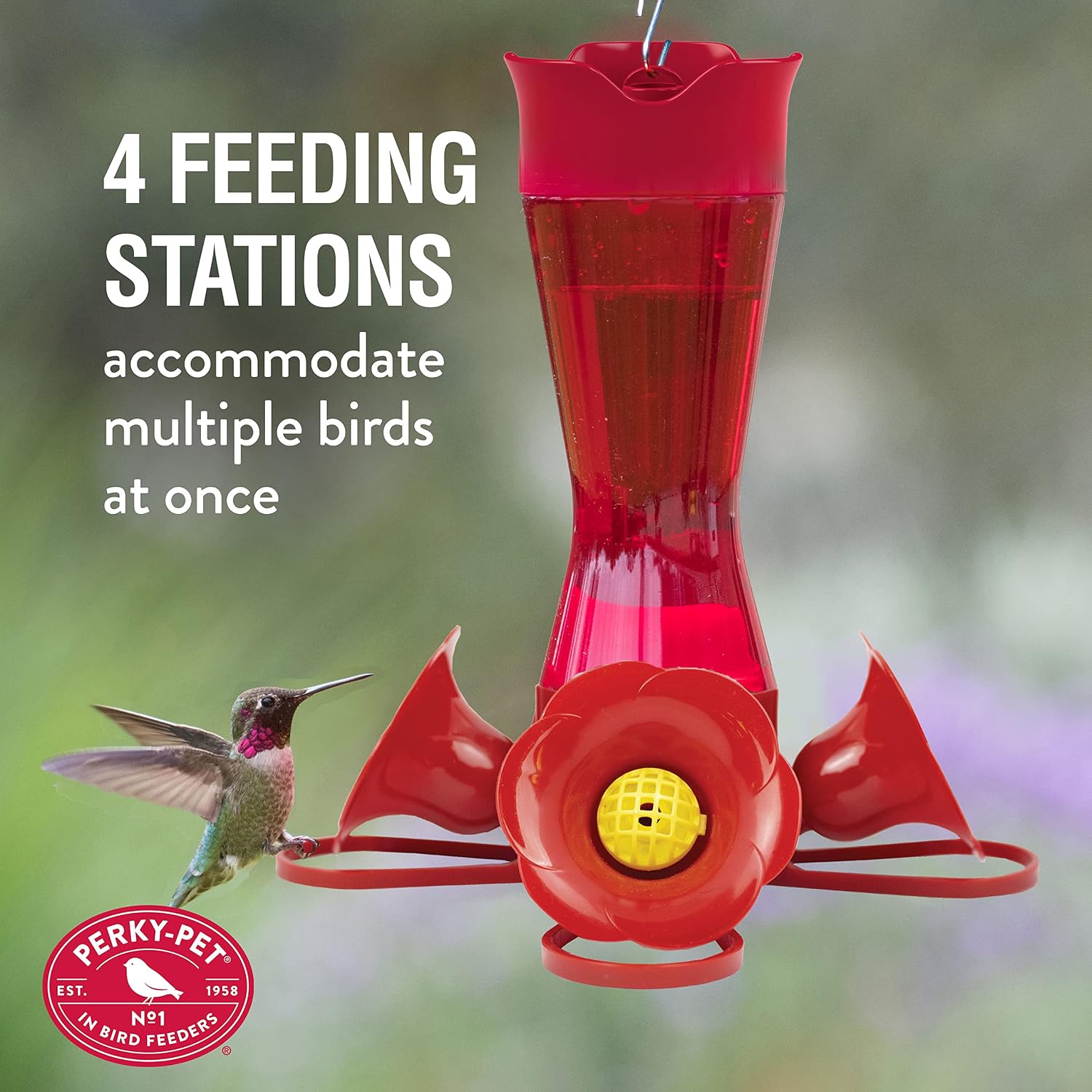 Perky-Pet 203CPBR Pinch-Waist Red Glass Hummingbird Feeder with Perches, Built-in Ant Moat and Bee Guards - Outdoor Garden Decor, Unique Gifts