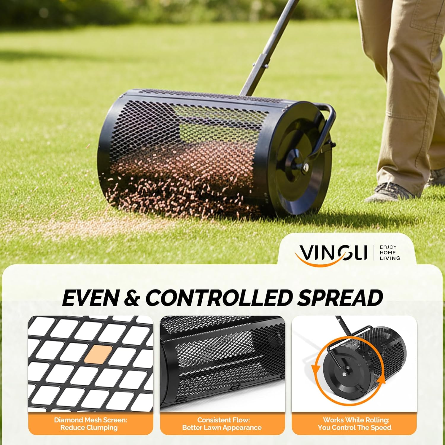 VINGLI Compost Spreader, 24 inch Peat Moss Spreader with Height Adjustable Handle, T Shaped Handle Peat Moss Roller, Seed Spreader for Lawn Backyard Outdoor (24"-Black & Yellow)