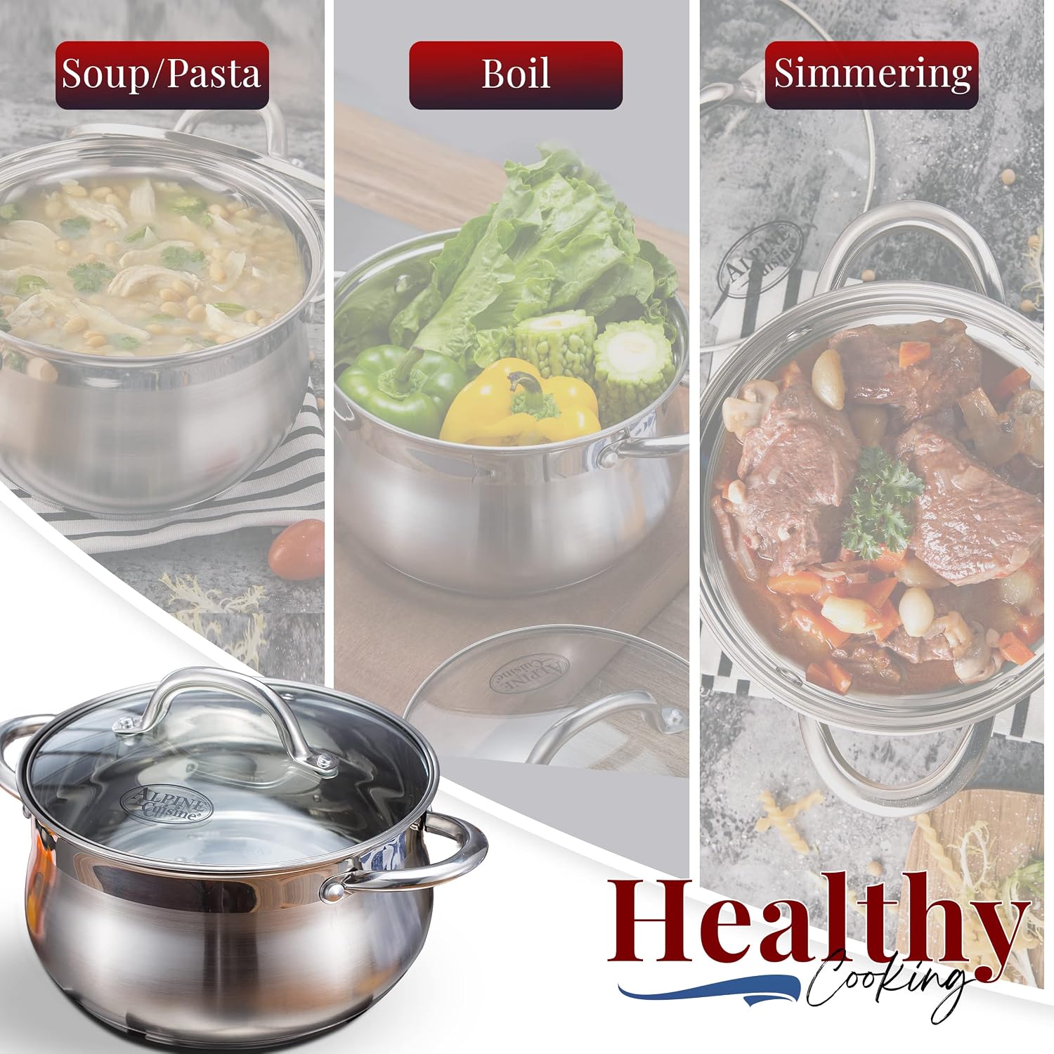 Alpine Cuisine 2-Quart Stainless Steel Dutch Oven with Tempered Glass Lid, Belly Shape, Heavy Duty & Dishwasher Safe