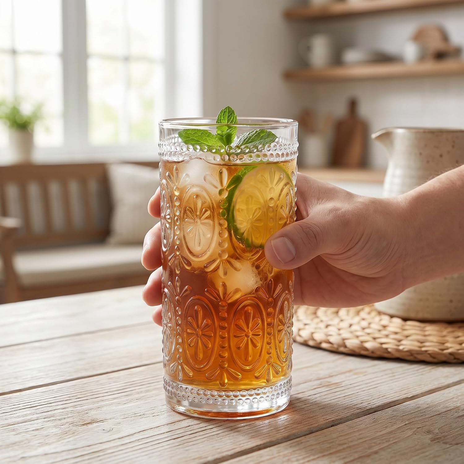 Bekith 6 Pack Romantic Drinking Glasses, 12 oz Highball Glasses, Thick Water Glasses, Tall Glass Cups for Beverages, Beer, Cocktail