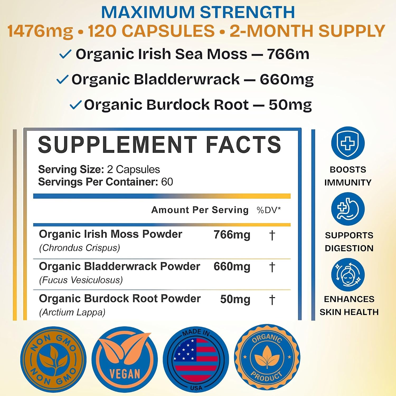 Organic Wildcrafted Sea Moss Capsules, 1476mg, Nova Scotia, 120ct