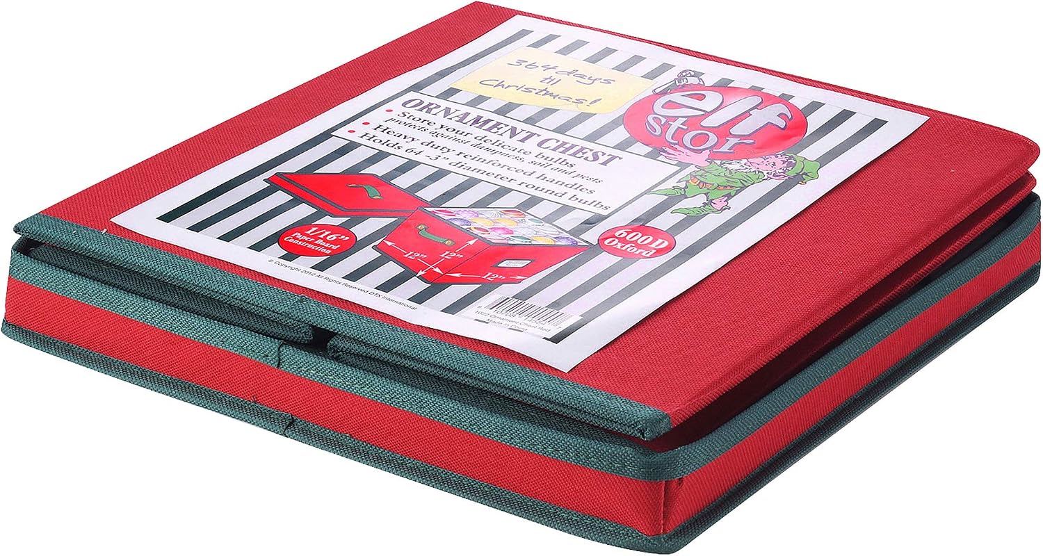 Christmas Decor Storage Box - Red Oxford Canvas Ornament Cube Chest With 64 Compartment Dividers, Riveted Handles, and Lid by Elf Stor