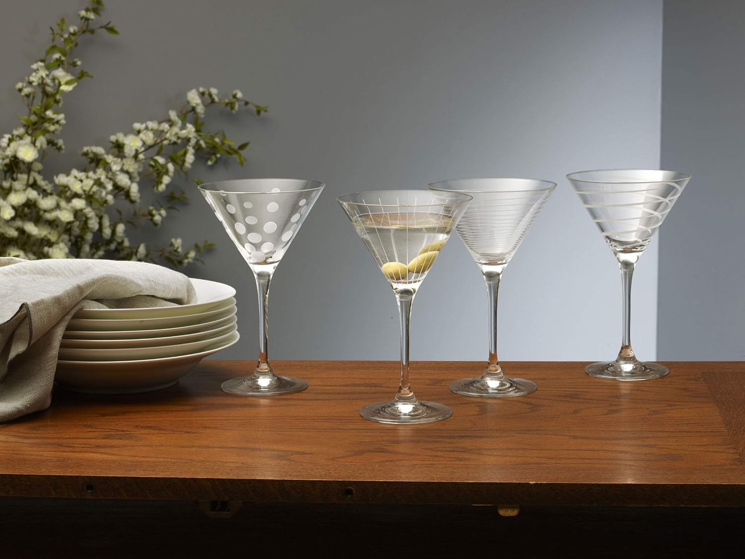 Mikasa Cheers 10-Ounce Martini Glasses, Fun Etched Designs, Durable Clear Glass Cocktail Glassware, Set of 4, Perfect for Entertaining and Gifting