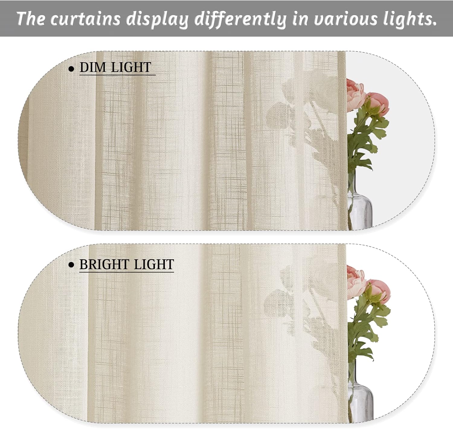 RYB HOME Linen Sheer Curtains - Linen Textured Semi Sheer Curtains for Kids Nursery Bedroom Living Room Window