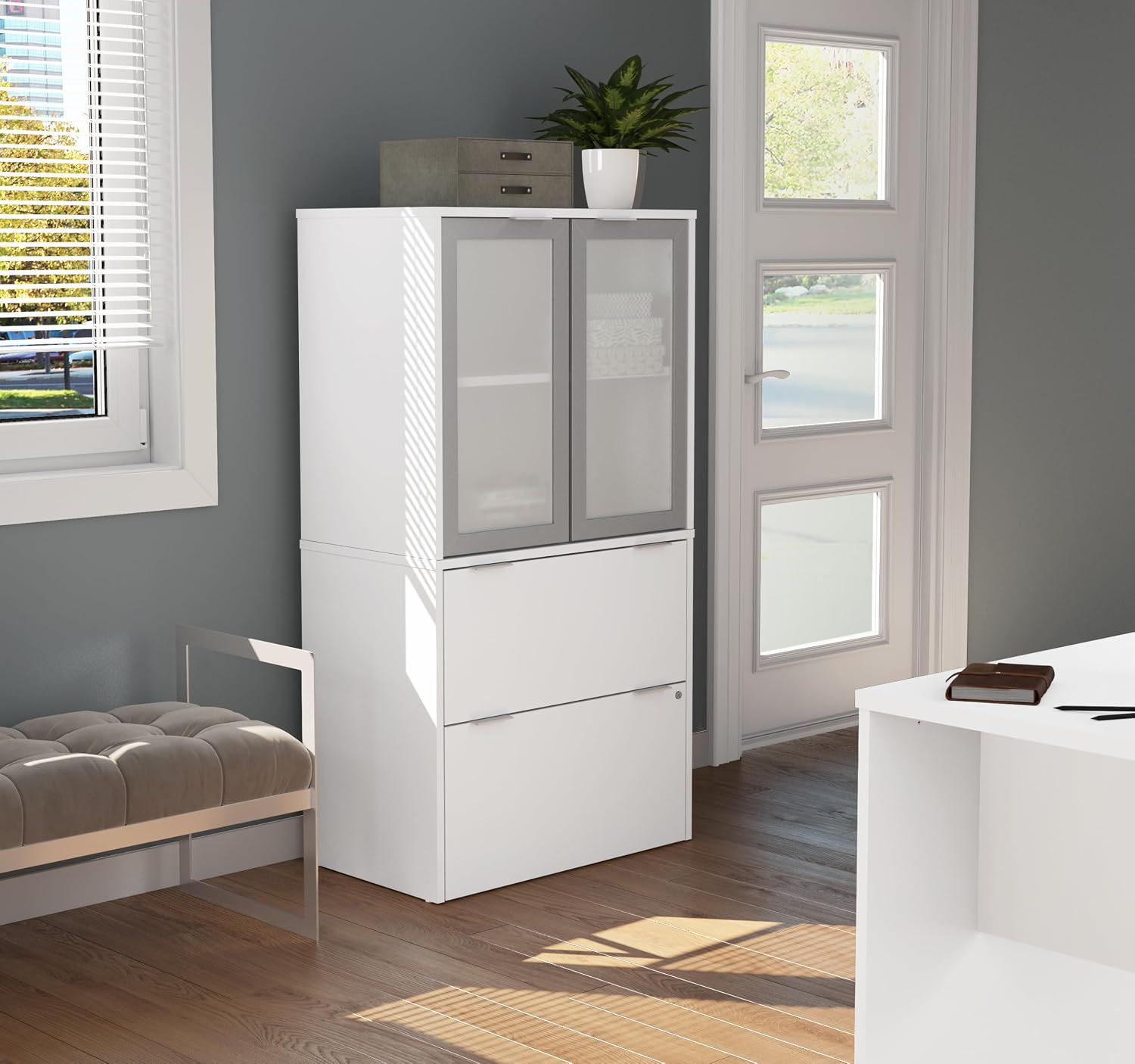 Bestar i3 Plus 31W Lateral File Cabinet with Frosted Glass Doors Hutch in White | With Frosted Glass Doors Hutch, ball-bearing drawer slides
