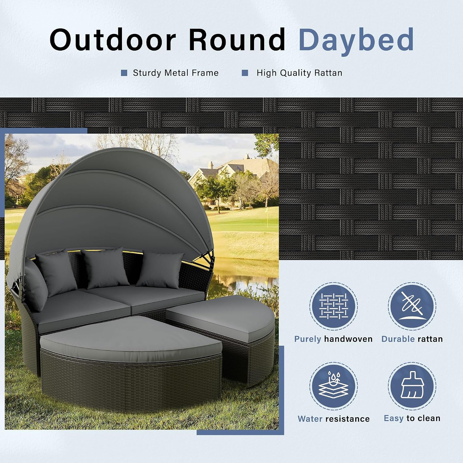 Outdoor Patio Furniture Canopy Daybed Round Sofas, 4 Pieces Seating Separates Cushioned Seats, Black Wicker, Lawn Poolside Garden, Grey