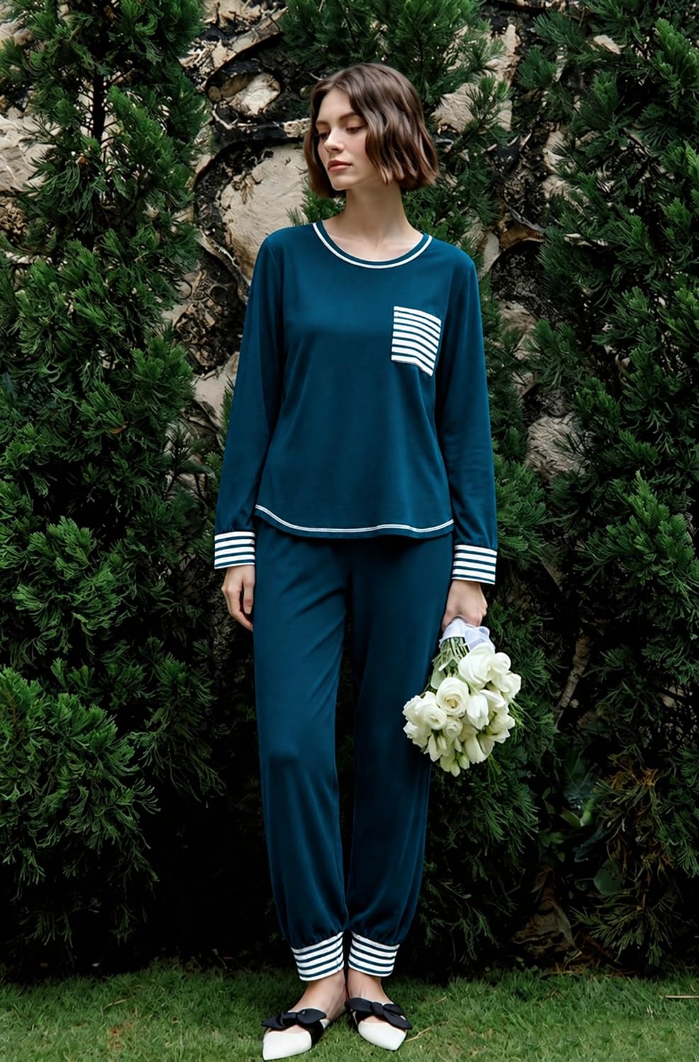 SWOMOG Women’s Pajamas Set Long Sleeve Sleepwear with Long Pants Soft Modal Loungewear Pj Set