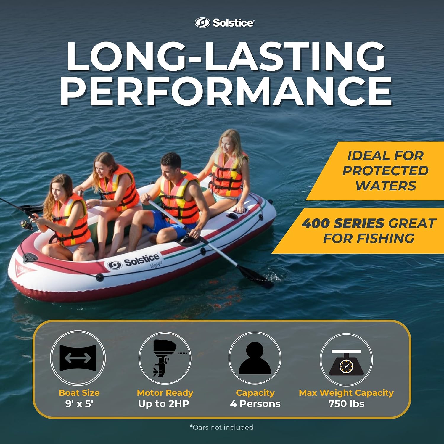 Solstice Voyager 4-Person Inflatable Fishing Boat with Dual Swivel Oar Locks and Rod -Holder, Motor Compatible 9' x 5'