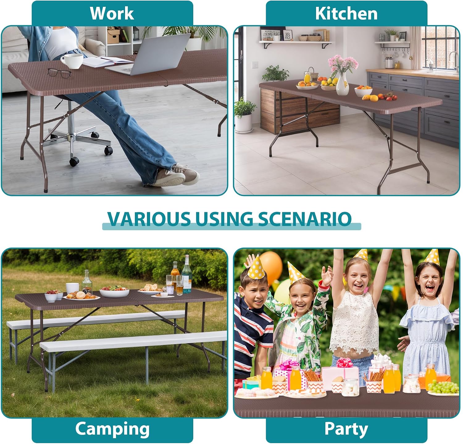 ZENY 6ft Folding Table, Portable Picnic Table, Plastic Table for Indoor Outdoor Picnic, Party, Camping, Heavy Duty Fold-up Table with Handle, White