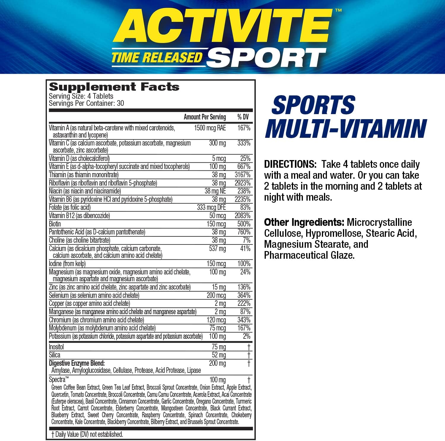 MHP Activite Sport Perfomance Multi Vitamin for Athletes, 120 Tablets | Sport Multivitamin with 25 Vitamins & Minerals,Spectra Antioxidant & Nitric Oxide Booster, Digestive Enzymes| 120 Tablets