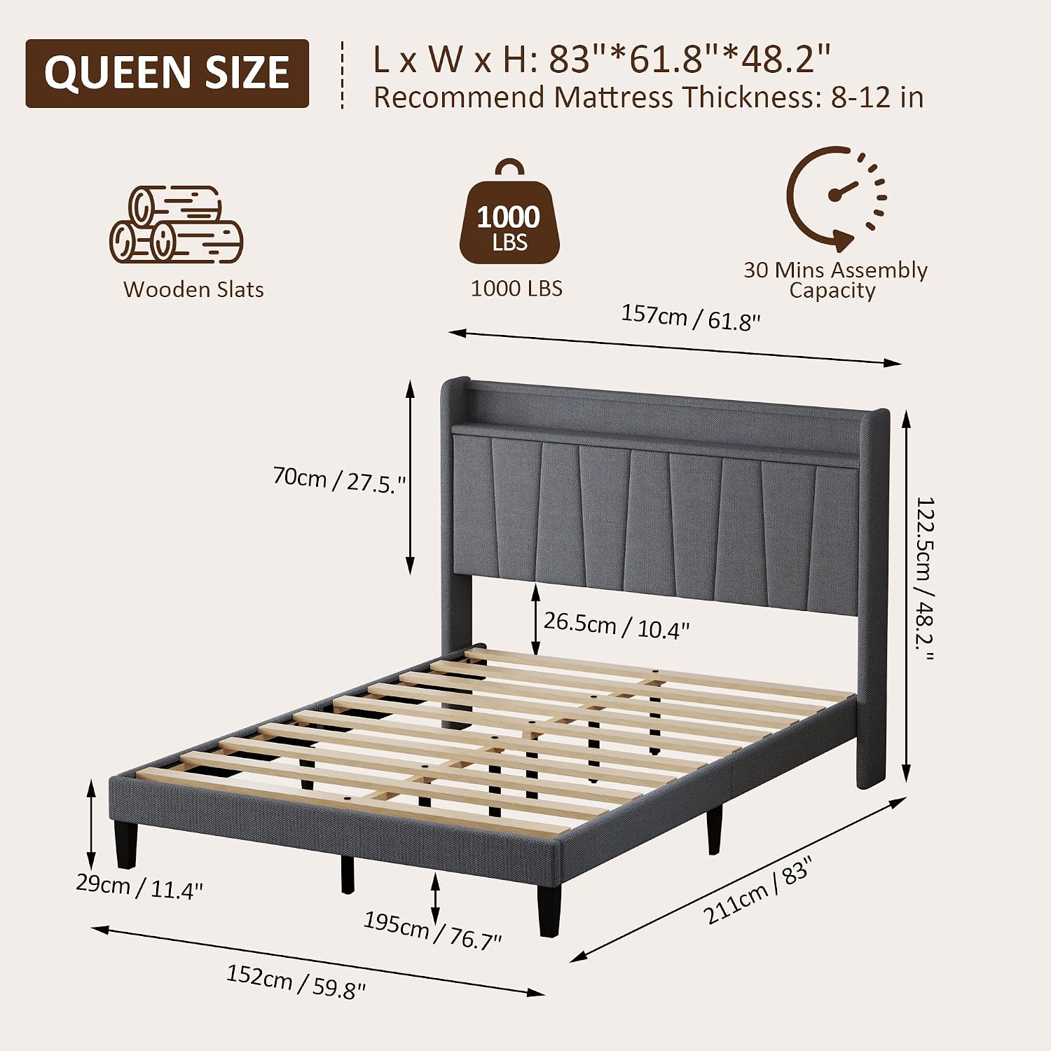 King Size Bed Frame with Headboard, Platform Bed with Upholstered Wingback Storage Headboard, Slats Support, No Box Spring Needed Beige