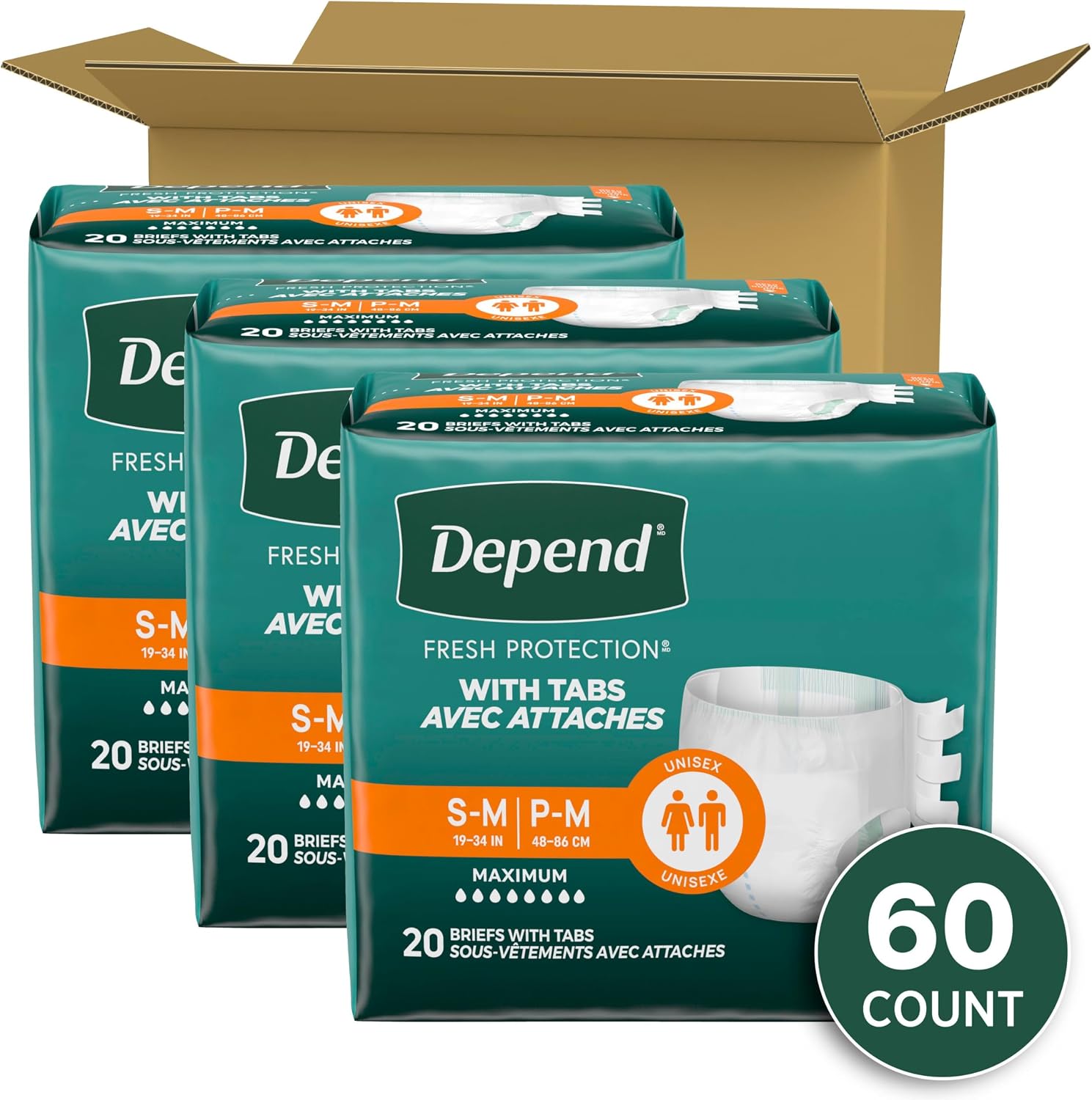 Depend Adult Diapers with Tabs, Incontinence Protection with Tabs, Unisex, Small/Medium (19–34" Waist, Up To 170 lbs), Maximum Absorbency, 60 Count (3 Packs of 20)