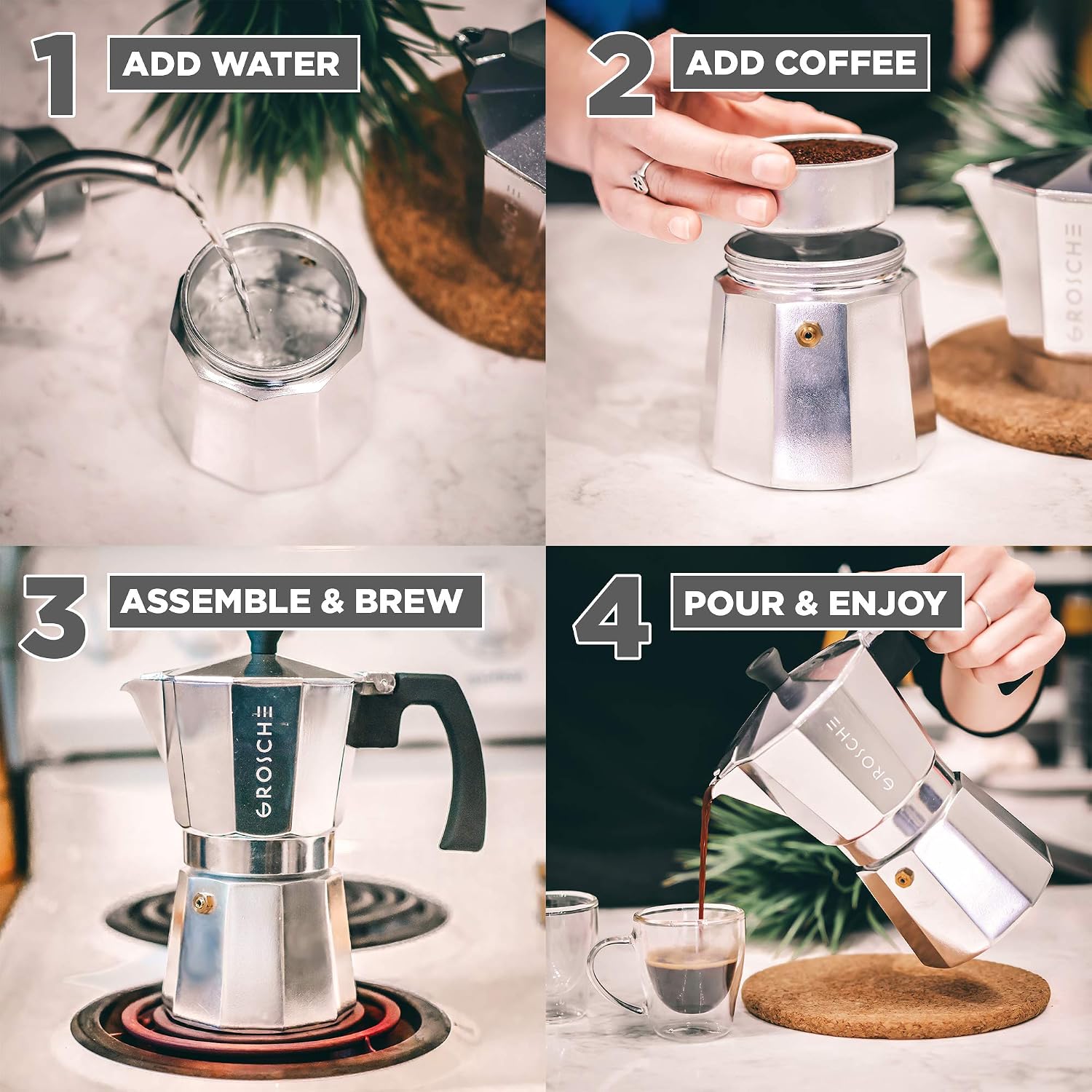 GROSCHE Milano Moka Pot | 9 Espresso Cup - 15.2 oz | Stovetop Espresso Percolator & Coffee Maker – Portable, Ideal for Home and Camping | Cuban Coffee Maker And Italian Moka Pot For Stovetop Espresso; For Gas, Electric, And Propane Stoves With A Soft-Tou…