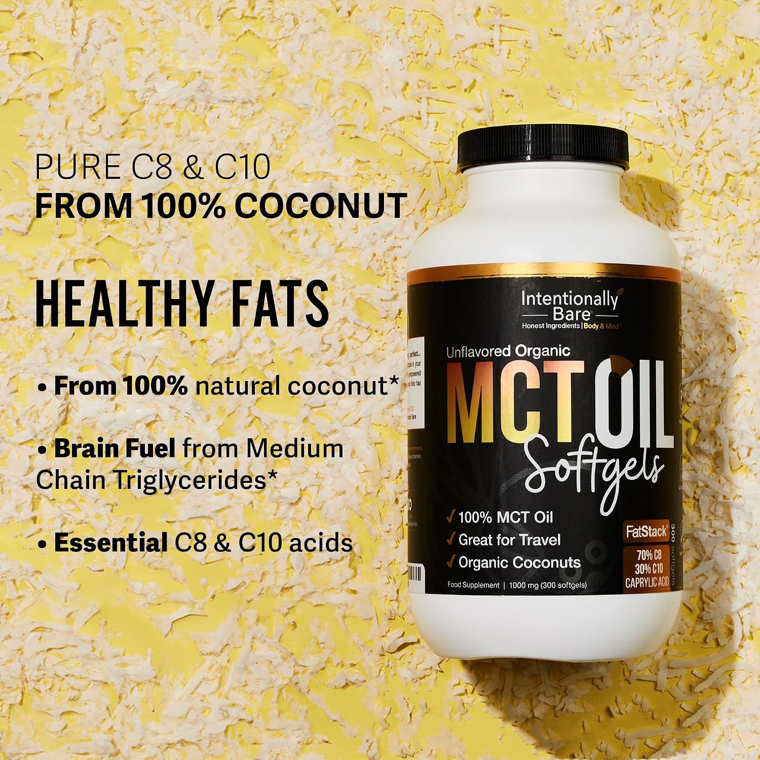 Intentionally Bare Organic MCT Oil Capsules - C8 & C10 Soft gels- 300 ct | Organic C8/C10 MCT oil pills, from 100% pure coconuts