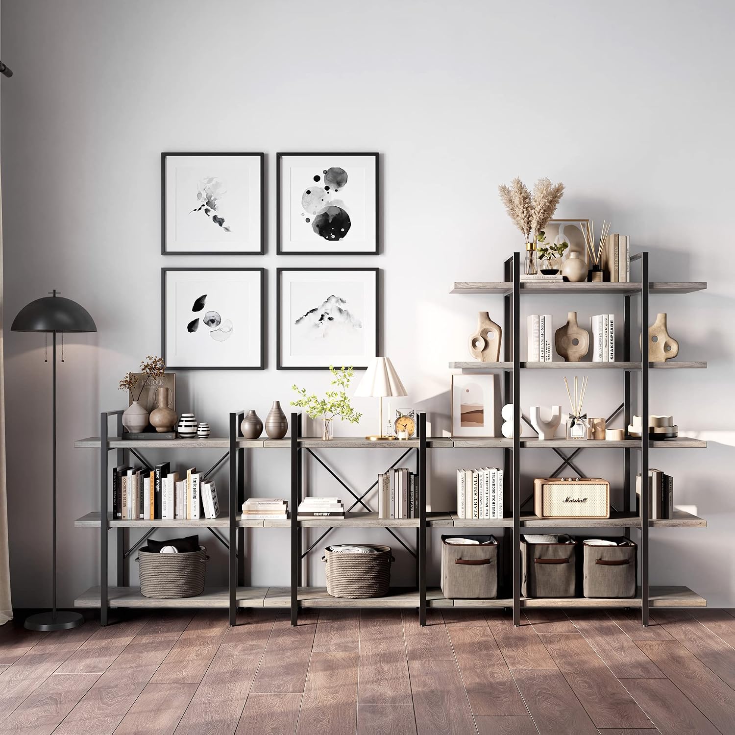 BELLEZE 4 Tier Modern Rustic Industrial Bookshelf, Open Wide Office Etagere Book Shelf
