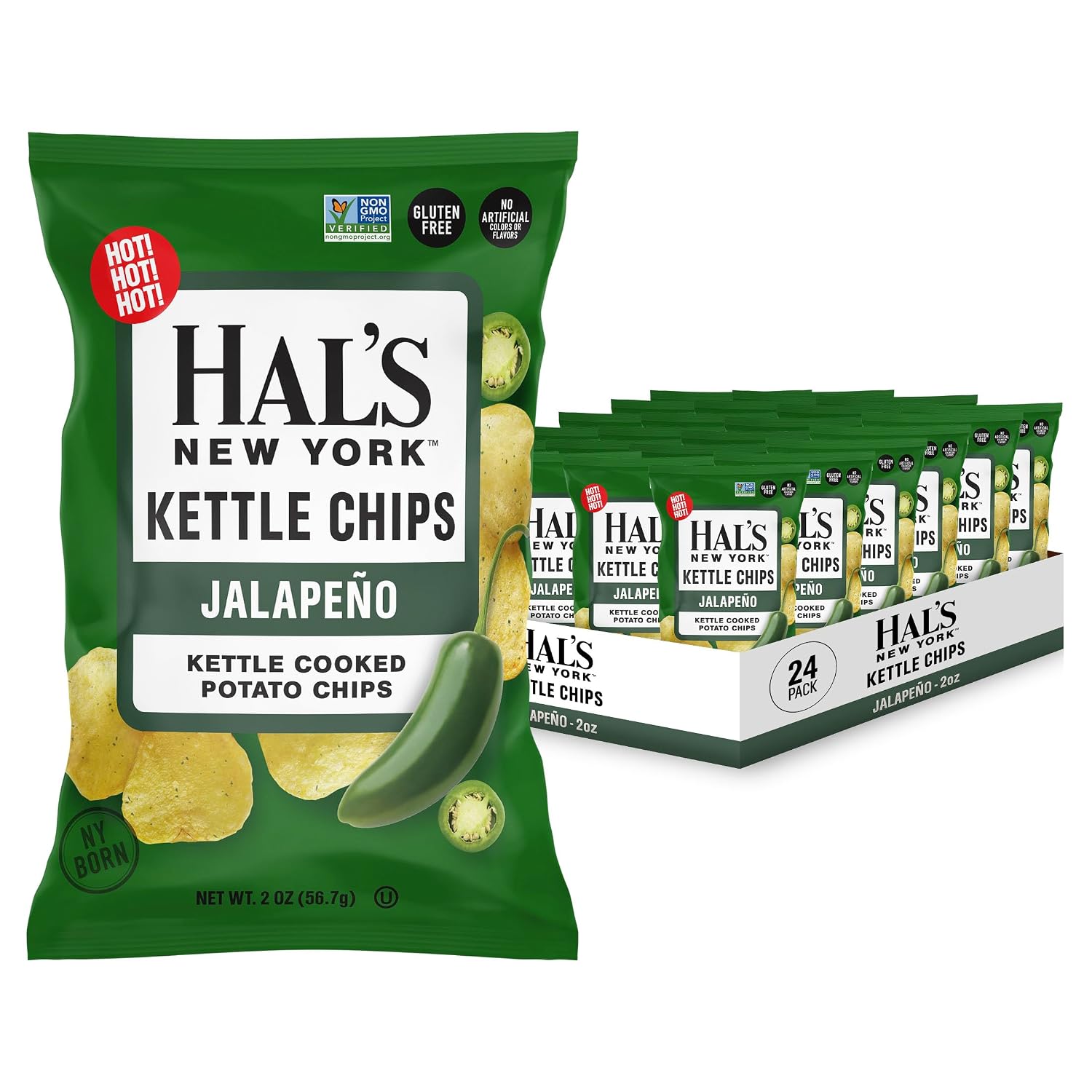 Hal's New York Kettle Cooked Gluten Free Jalapeno Flavored Potato Chip Crisps, 2 Oz (Pack of 24)