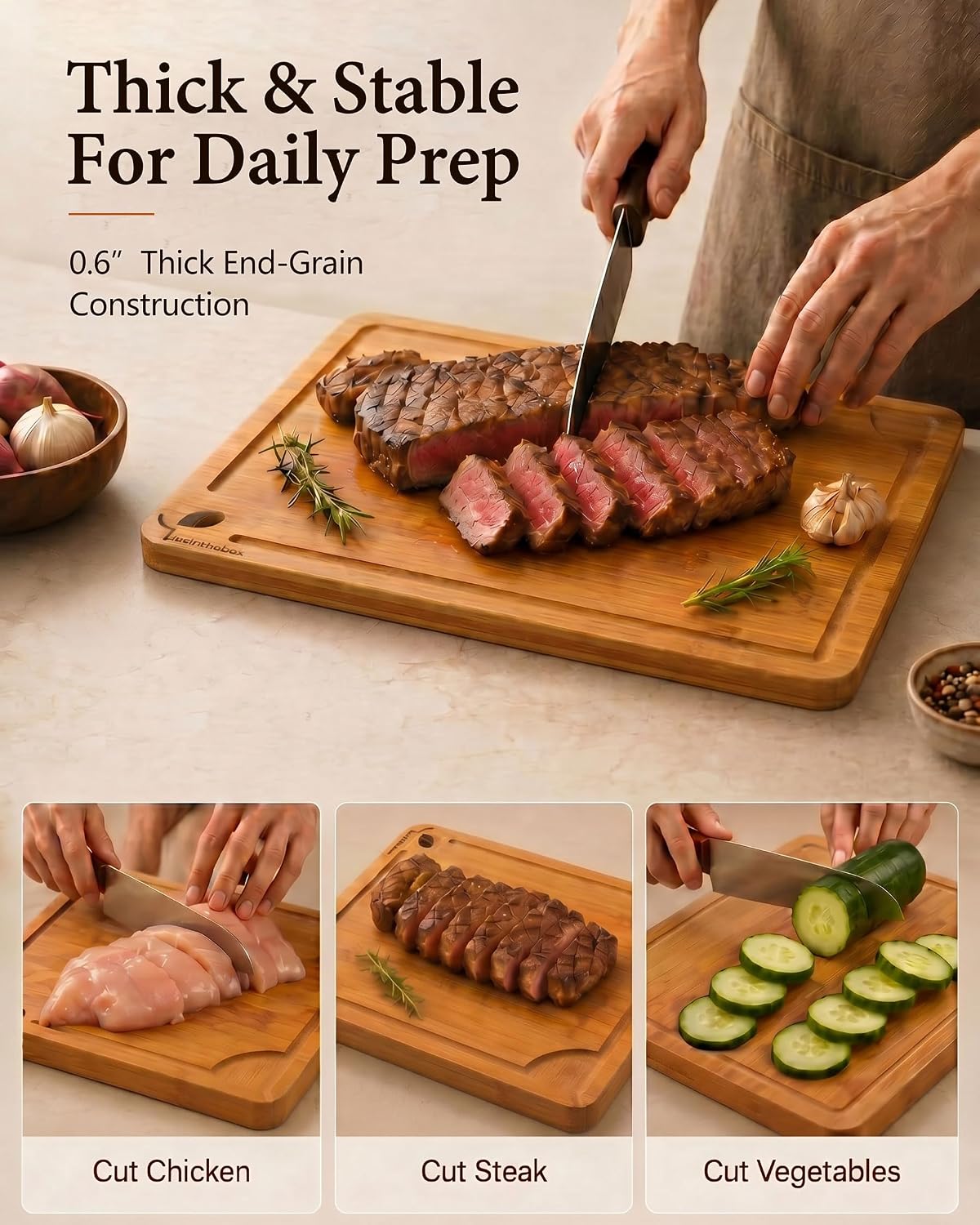 Cutting Boards for Kitchen, Wooden Chopping Board for Meat, Vegetables and Fruit, 18" x 12" XL Deep Carbonized Bamboo Board for Meal Prep, Serving, Daily Cooking and Kitchen Counter