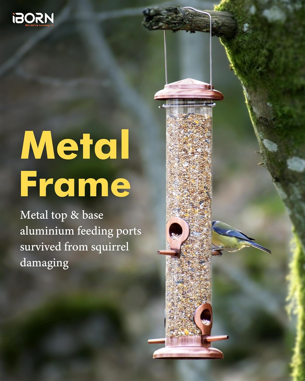 Bird Feeders for Outdoors 15" 4 Ports Chew-Resistant, Copper-Plating, 1PK | Metal, Durable Outdoors, Flip-top Easy Refill & Clean, Mixed Seeds