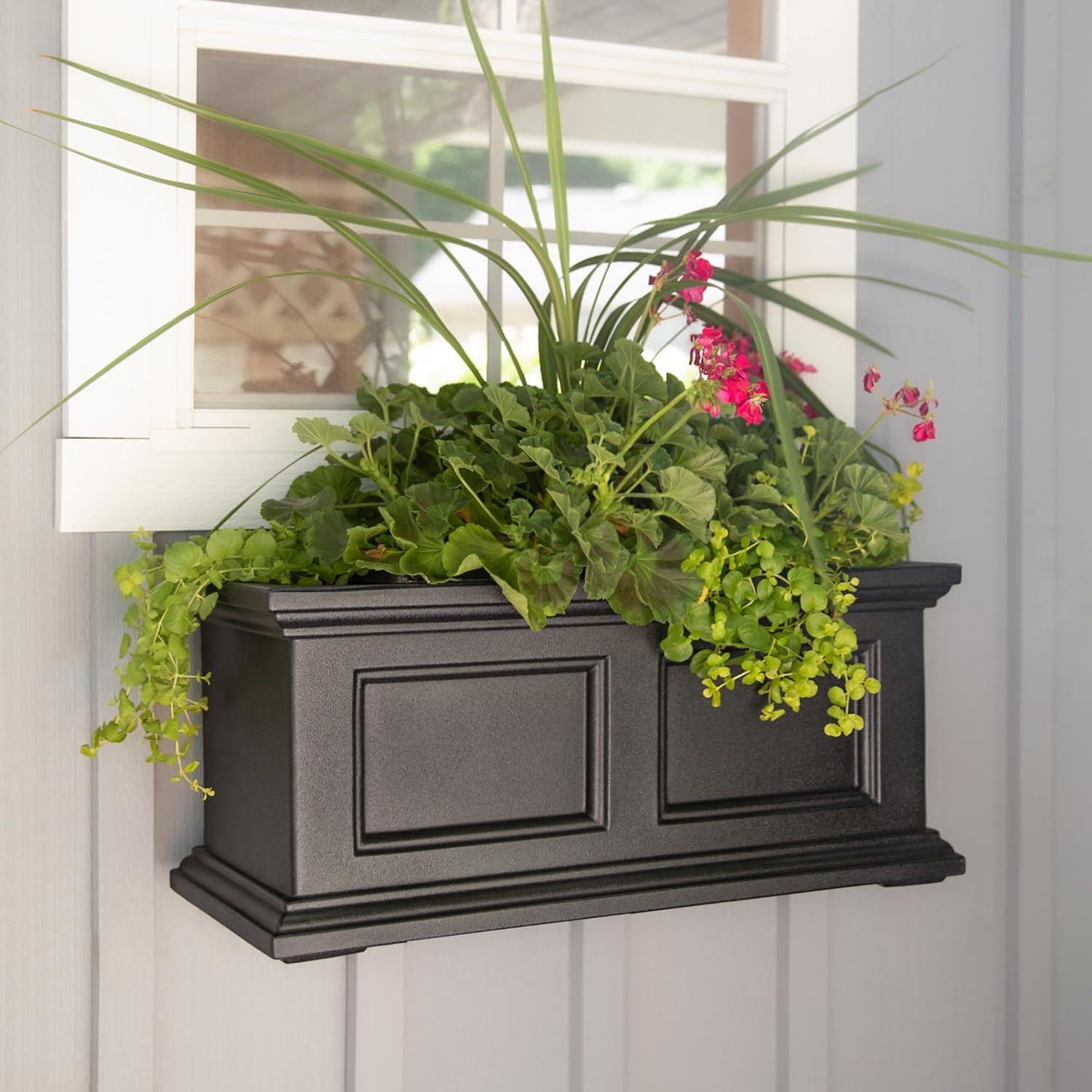 Mayne Fairfield 48in Self-Watering Rectangular Window Box Planter, Black | Self-watering, All season, Fade resistant, Mounting brackets included, Built-in overflow, 15-year warranty