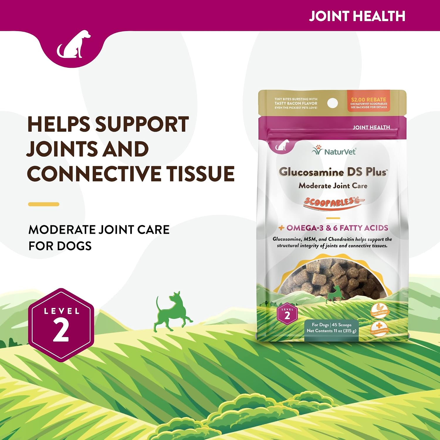 NaturVet – Glucosamine DS Plus - Level 2 Moderate Care – Supports Healthy Hip & Joint Function – Enhanced with Glucosamine, MSM & Chondroitin – for Dogs & Cats–70 Soft Chews