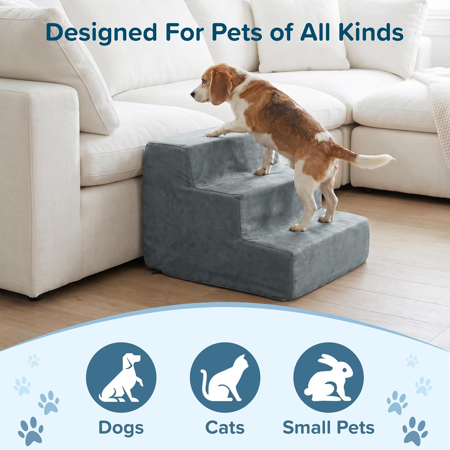 3-Step Pet Stairs - Nonslip Foam Dog and Cat Steps with Removable Zippered Microfiber Cover - 2-Tone Design for Home or Vehicle Use by PETMAKER (Tan) | 3-Step Pet Steps for High Bed and Couch - Pet Stairs with Nonslip Bottom, High-Density Foam, and Remov…