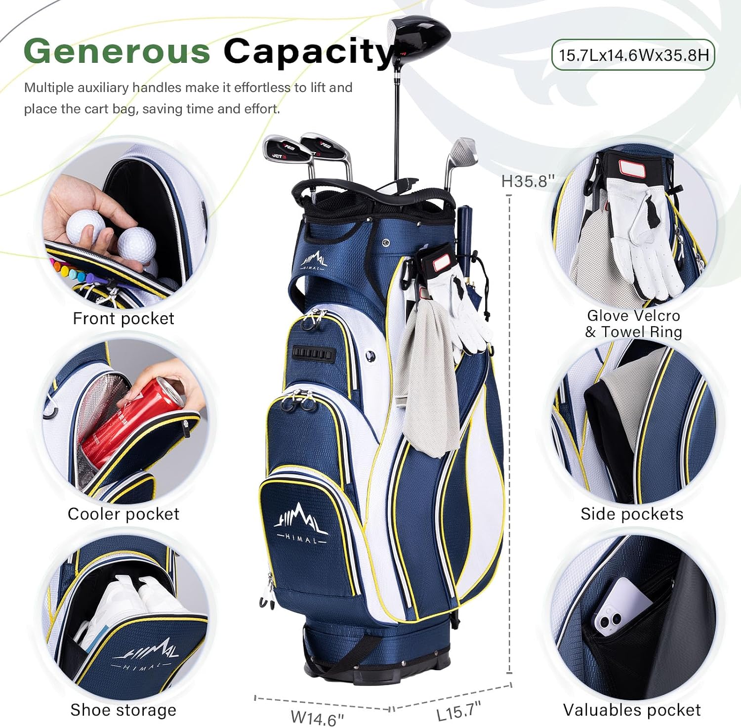 Golf Cart Bag, 14-Way Divider Top, Large Storage | Umbrella Holder,Handles